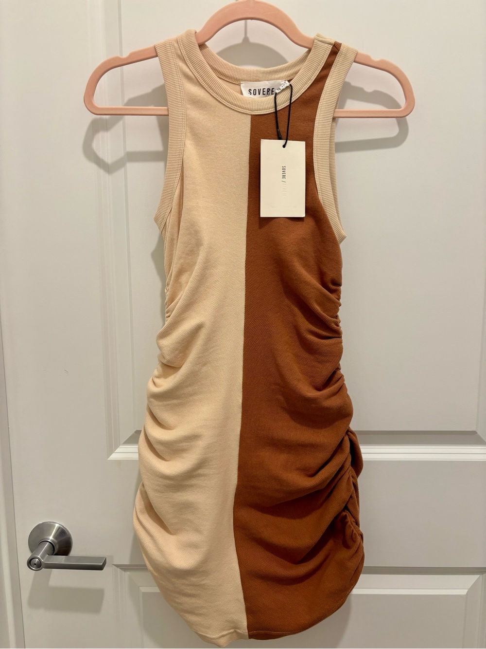 Sovere Studio Mira Splice Mini Dress S/8 Caramel Ruched Colorblock NWT REVOLVE